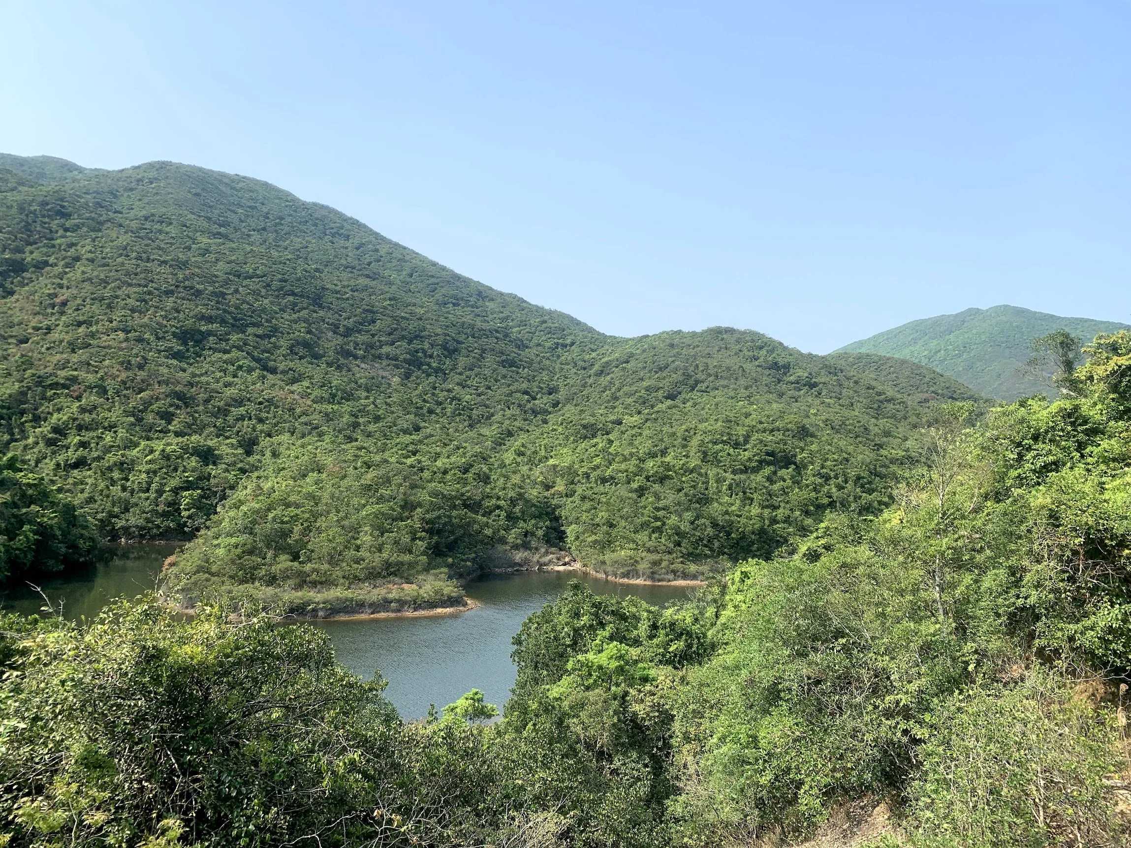 Green hills and a reservoir in Hong Kong's country parks