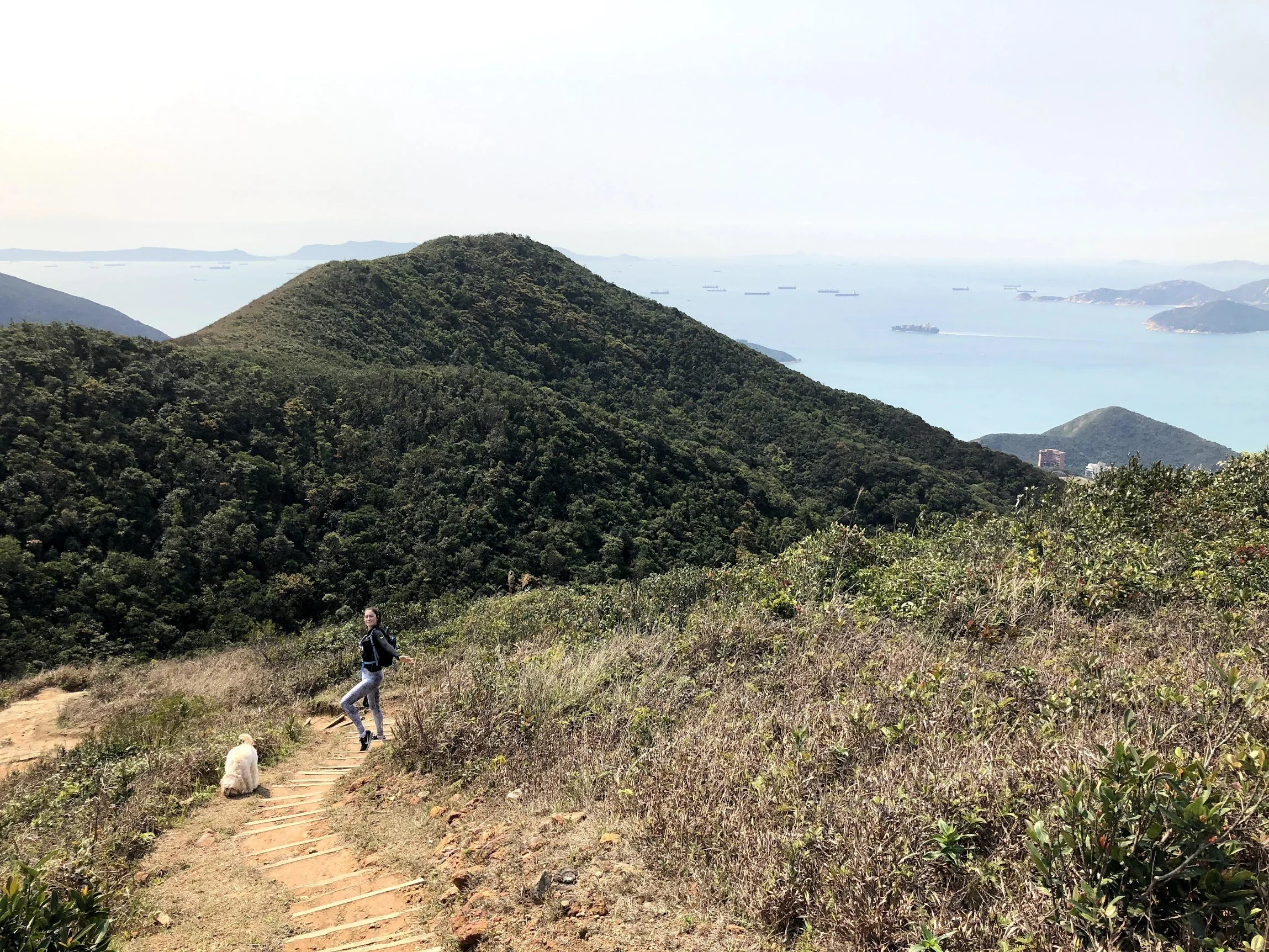 A hiker on the green ridge of the Dragon’s Back trail